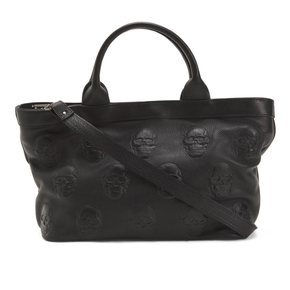 Black Embossed Skull Leather Tote Bag